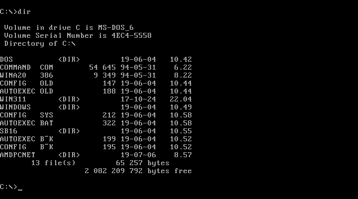 Skärmdump av MS-DOS version 6.22. Bilden visar utdrag från kommandot C:\>dir